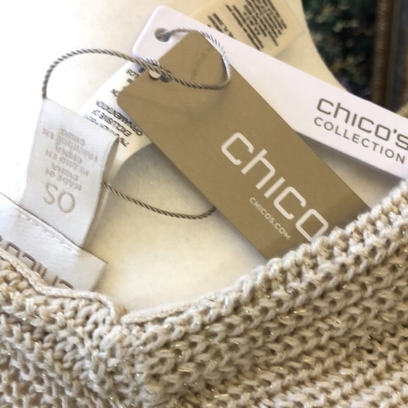Chicos Lightweight Metallic Knit Fringed Poncho Neutral Color Gold Women OS NWT - Picture 10 of 17